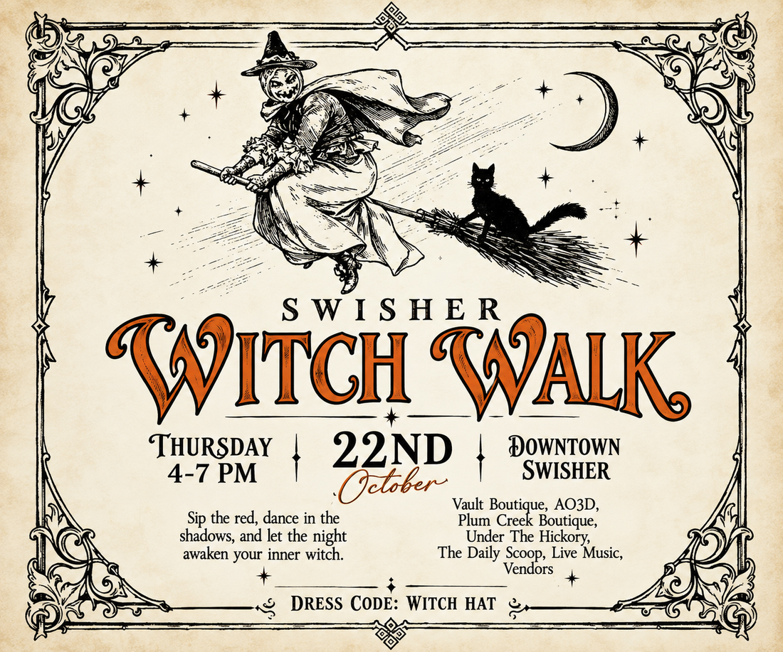 Swisher Witch Walk 2026 event in downtown Swisher Iowa featuring AO3D, local shopping, vendors and live music