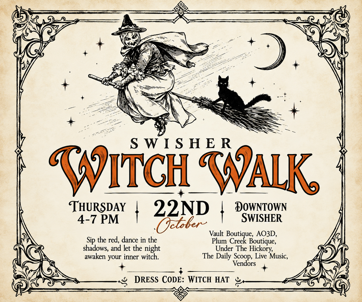 Swisher Witch Walk 2026 event in downtown Swisher Iowa featuring AO3D, local shopping, vendors and live music