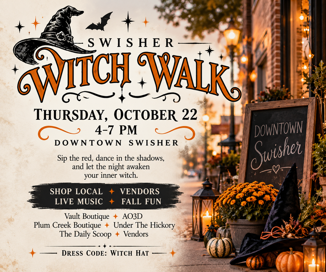 Swisher Witch Walk October 22 in Downtown Swisher Iowa featuring AO3D, local shopping, vendors and live music