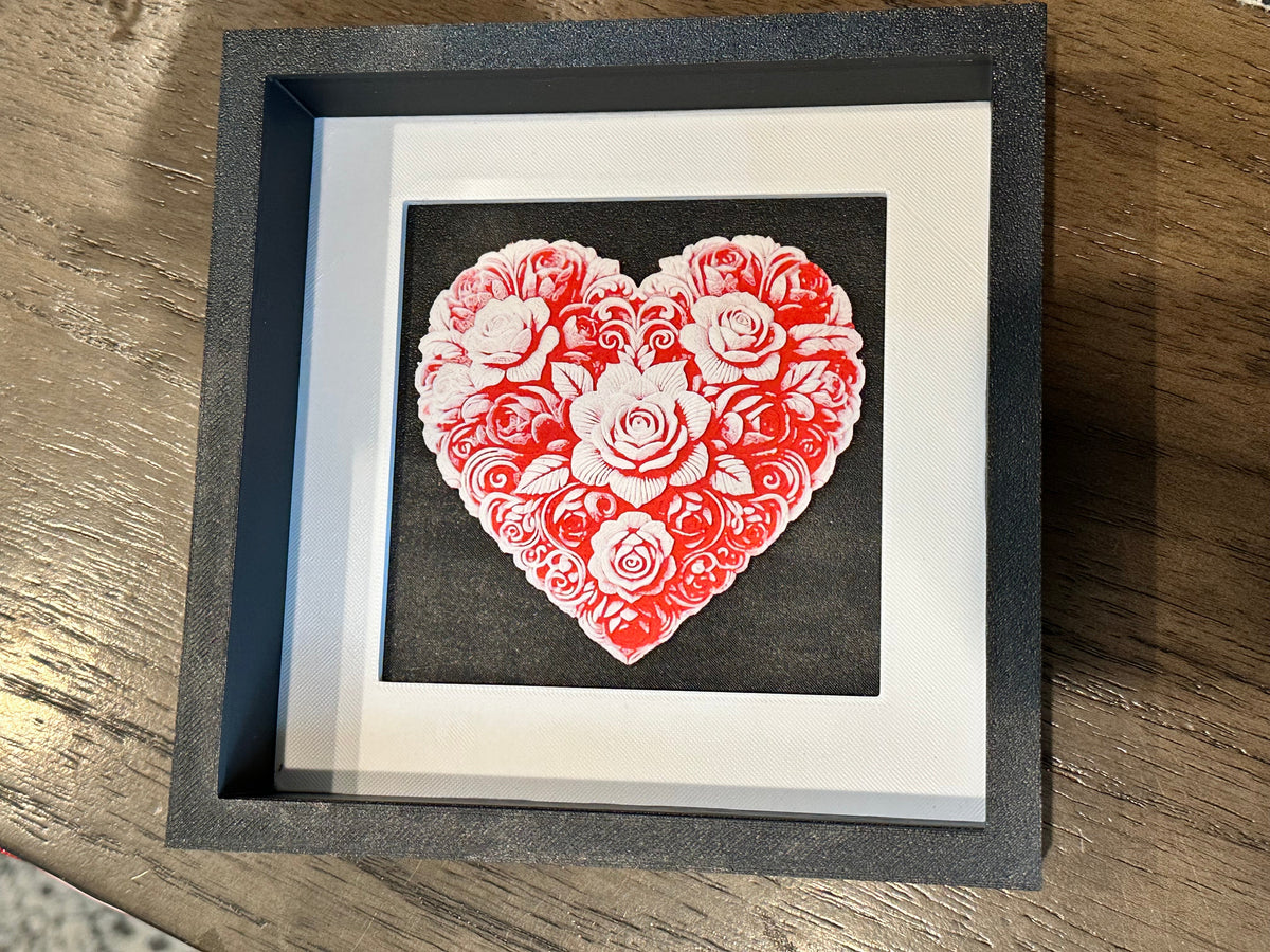Floral Heart Shadow Box – 3D Printed Rose Heart Wall or Shelf Décor | Custom Colors